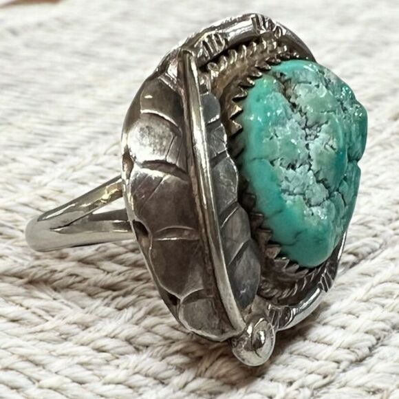 Vintage Sterling Silver Turquoise Native American Southwest Feather Rope Ring 6 - Picture 1 of 5